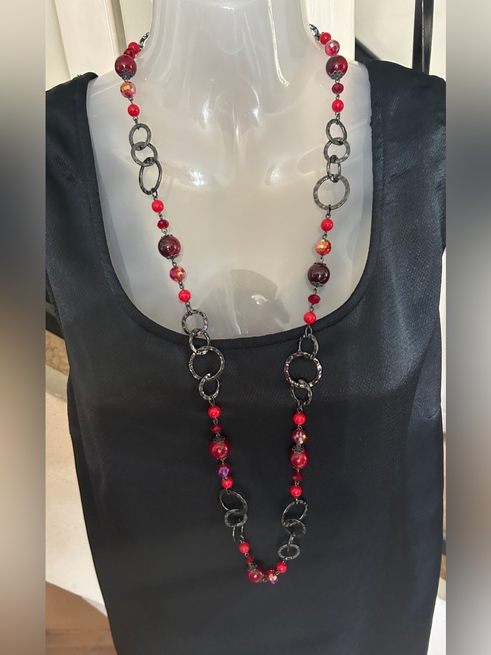Red Beaded Long Necklace with Textured Rings​ - Picture 12 of 12
